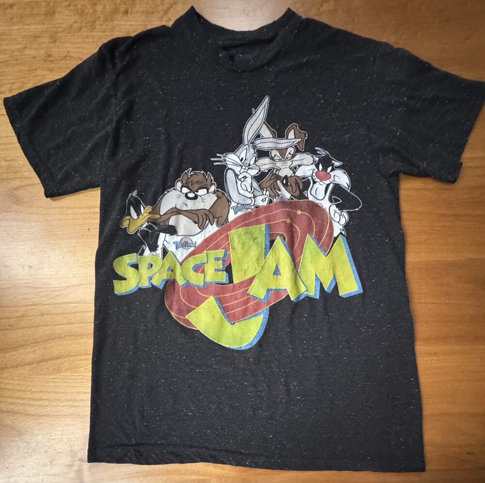 SPACE JAM Tune Squad Basketball Black Speckled Taz Bugs Bunny Tee Shirt Small